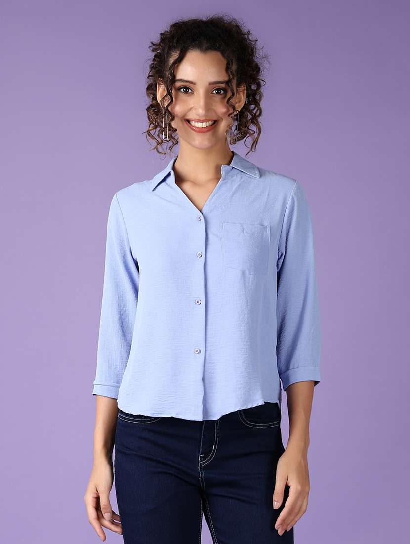 women light blue solid three quarter sleeve shirt