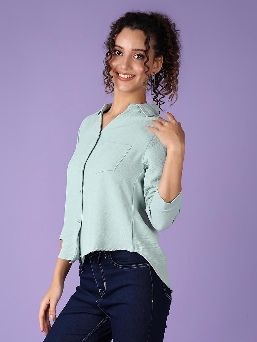 women sea green solid three quarter sleeve shirt - 21509099 - Standard Image - 2