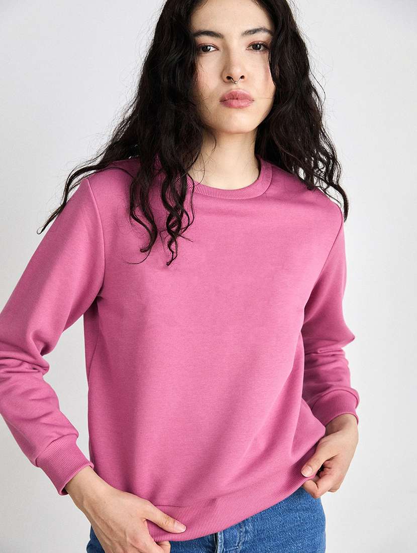 women pink plain long sleeves sweatshirt - 21509459 - Standard Image - 2