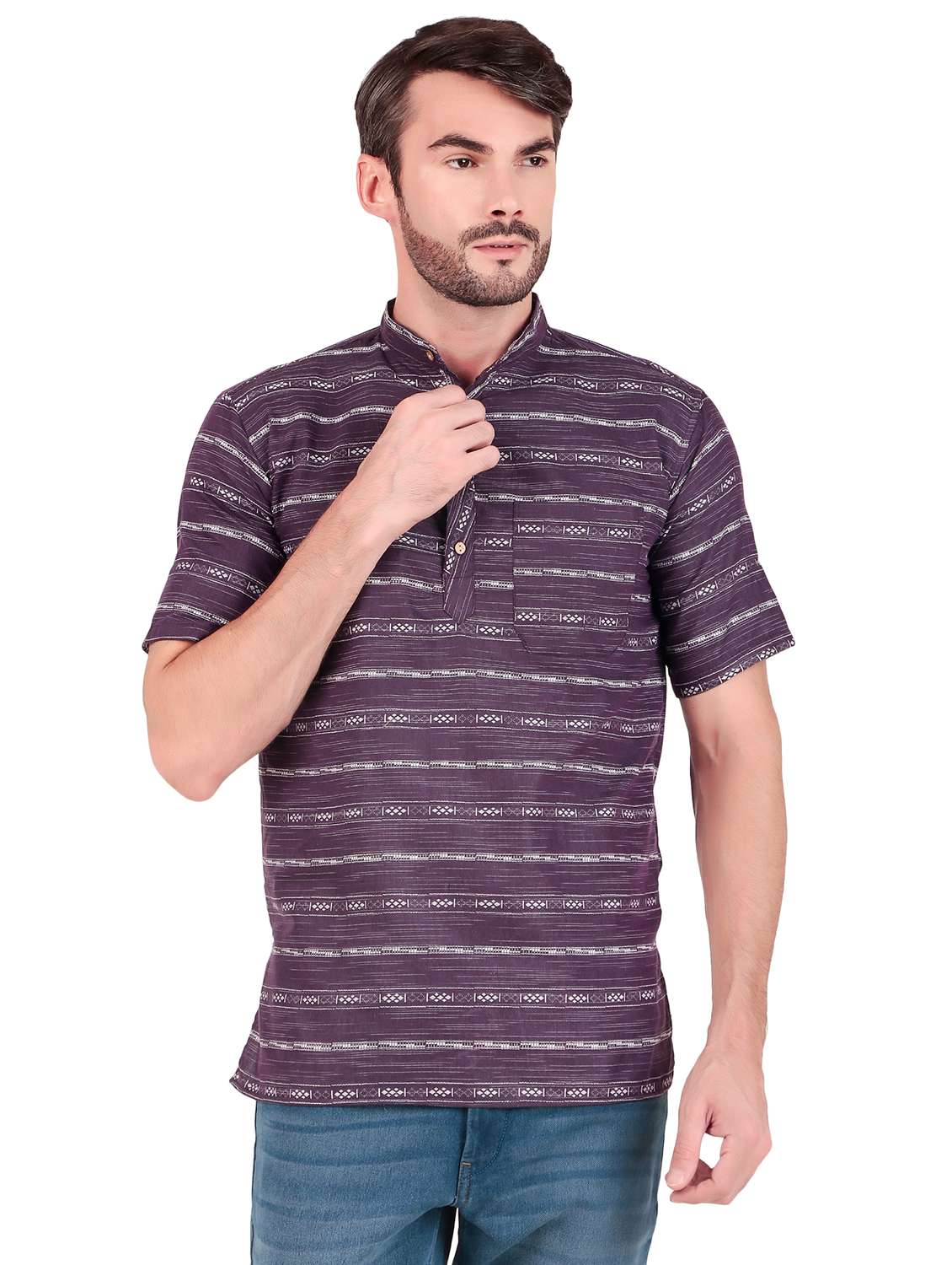 men self design short sleeves short kurta