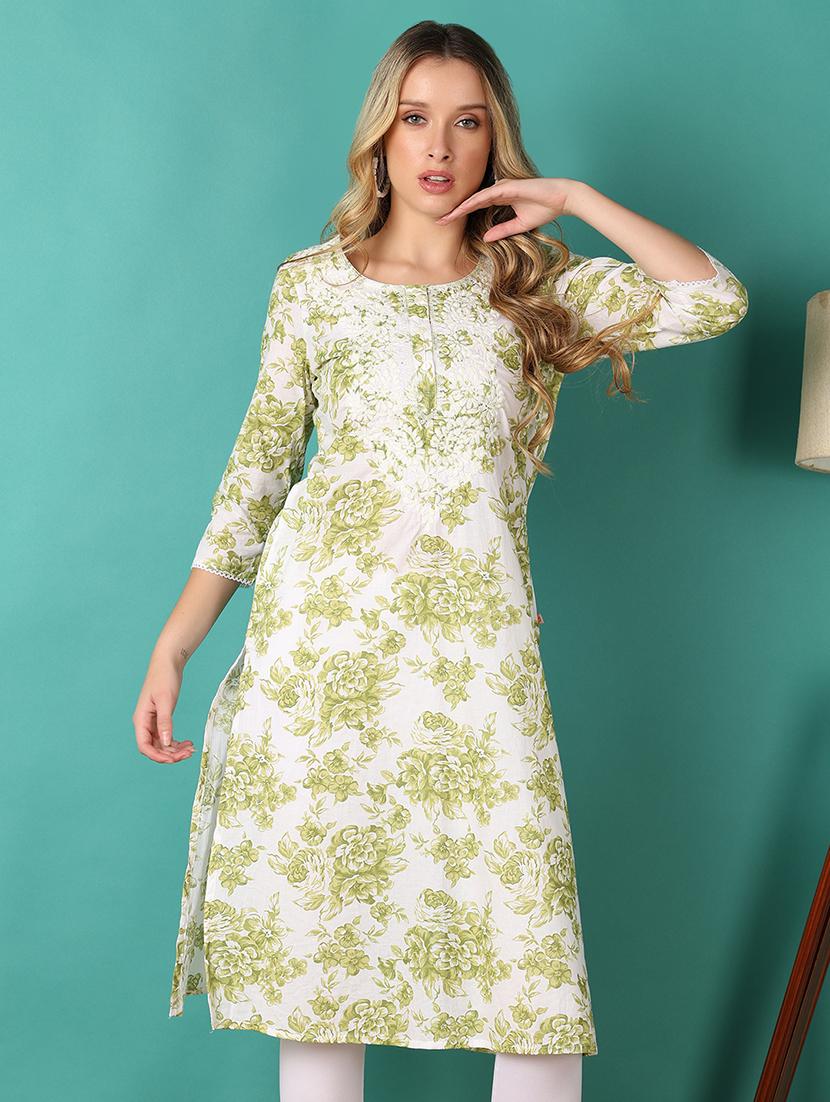 women floral printed three quarter sleeve straight kurta - 21509491 -  Zoom Image - 0
