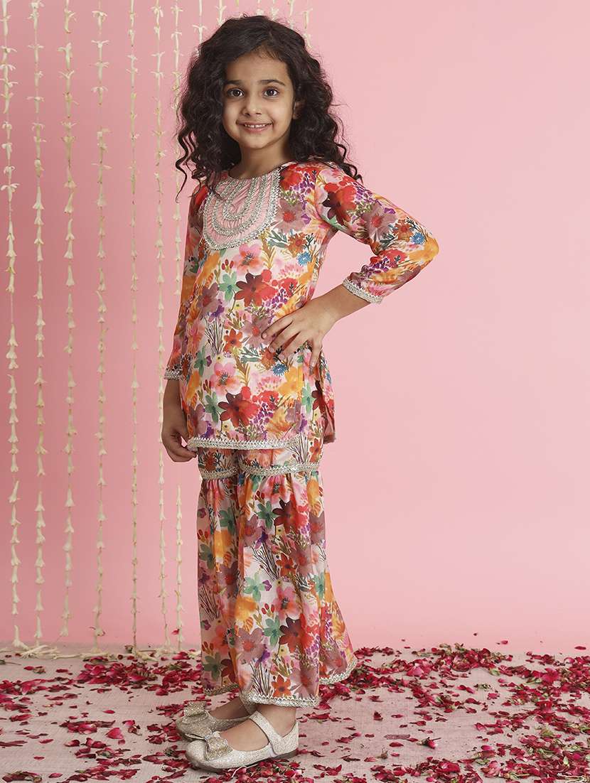 girls multi coloured silk blend kurta sharara set - 21509676 - Standard Image - 2