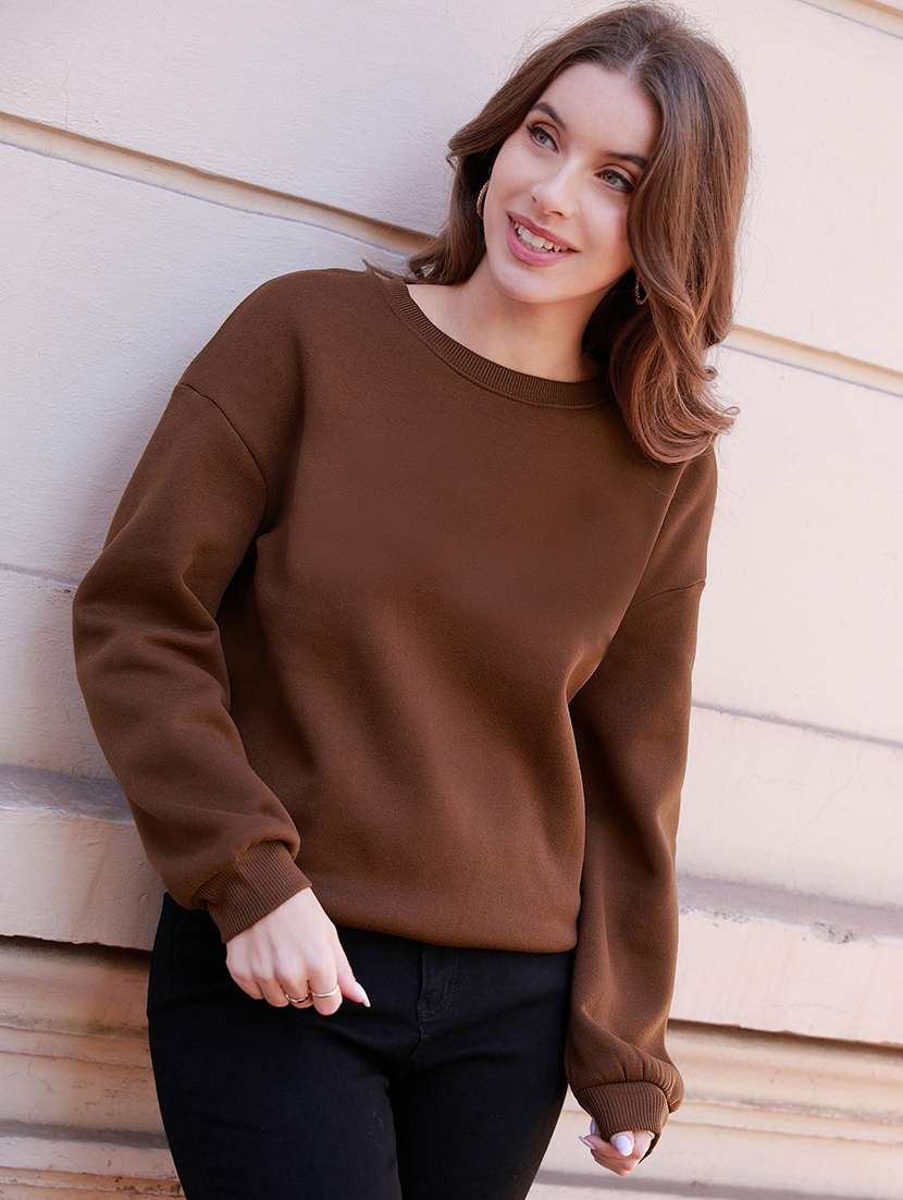 women brown fleece plain sweatshirt