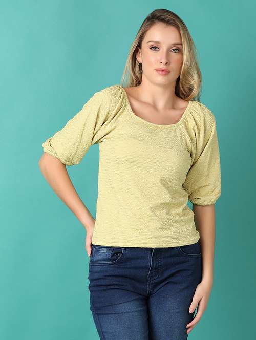 women yellow solid short sleeve top - 21510084 - Standard Image - 0