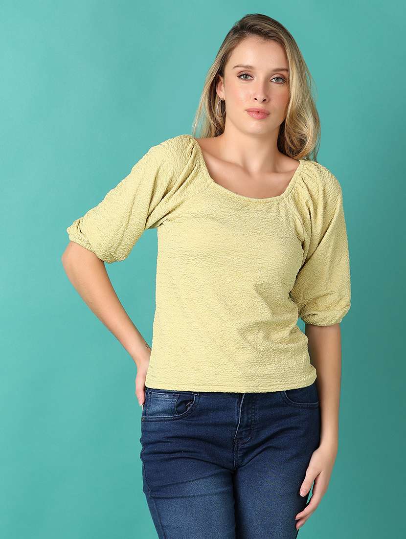 women yellow solid short sleeve top - 21510084 - Zoom Image - 0