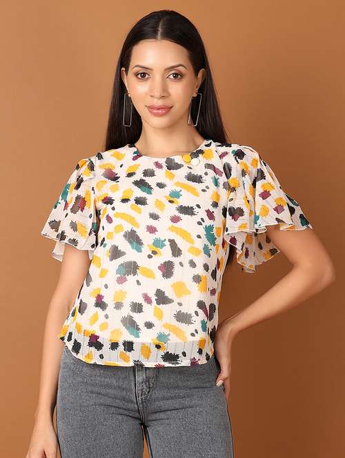 women off-white printed round neck top - 21510104 -  Standard Image - 0