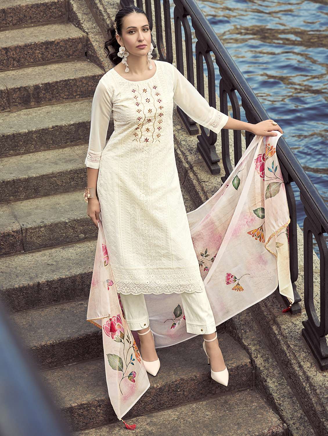 women three quarter sleeve kurta pant with dupatta set