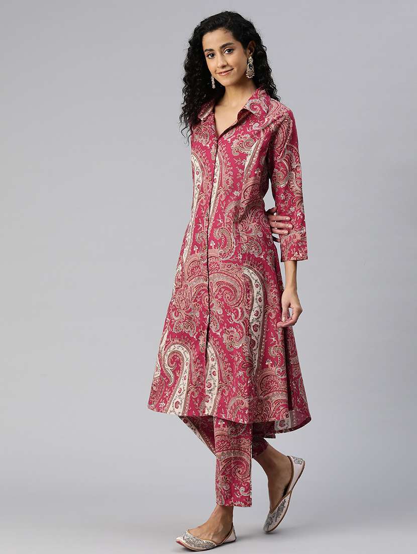 women shirt collar printed kurta pant set - 21510341 - Standard Image - 2
