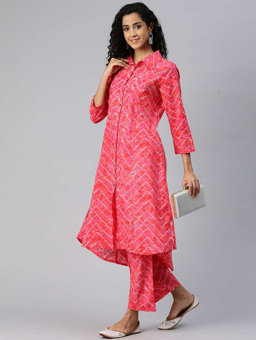 women shirt collar printed kurta pant set - 21510345 -  Standard Image - 2