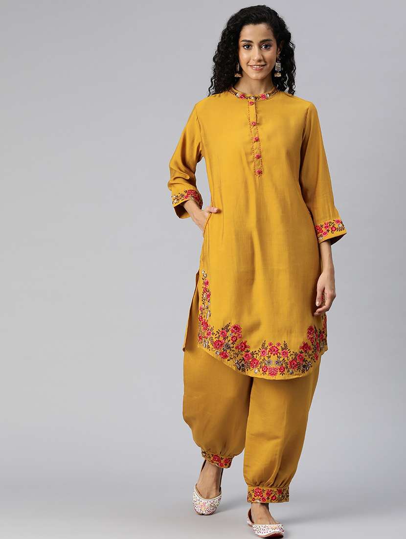 women mustard embroidered kurta salwar set