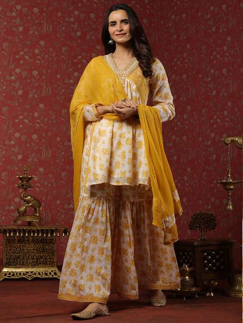 women v-neck printed kurta sharara set - 21510353 -  Standard Image - 0