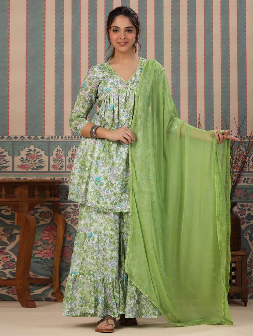 women v-neck printed kurta sharara set