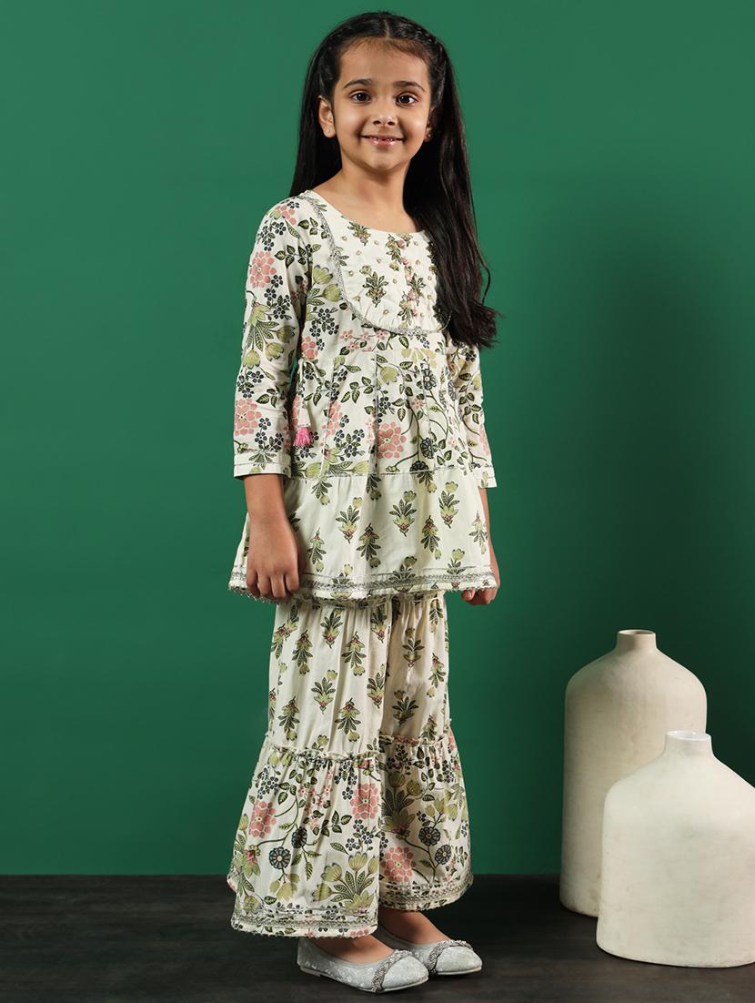 girls cream cotton kurta sharara set - 21510366 -  Standard Image - 2