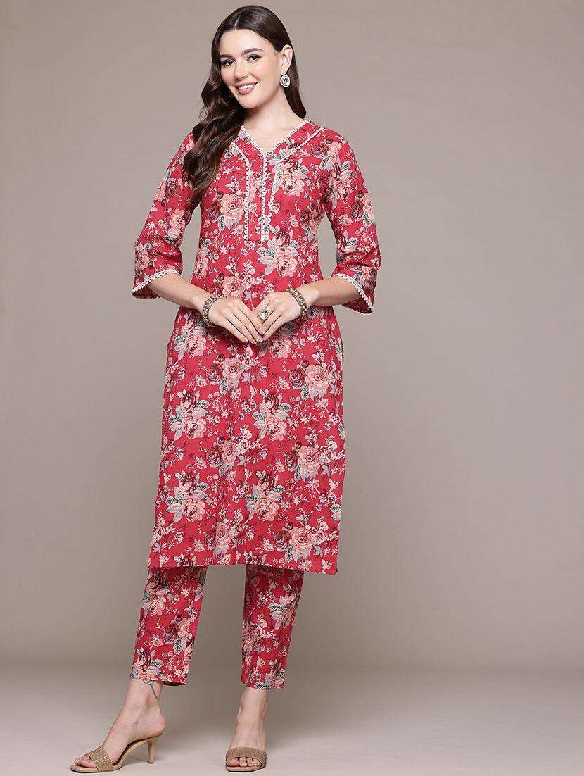 women v neck floral kurta pant set - 21510389 -  Standard Image - 2