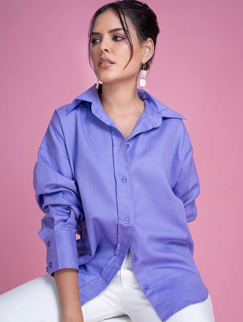 women shirt collar solid oversized shirt - 21510493 - Standard Image - 0