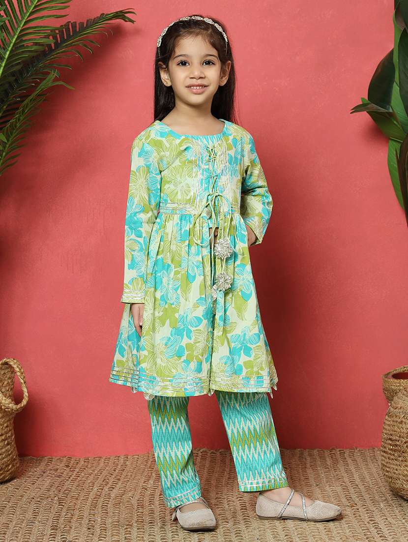 girls sea green cotton kurta pant set - 21510501 -  Standard Image - 2