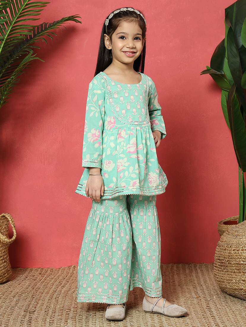 girls sea green cotton kurta sharara set - 21510507 -  Standard Image - 2