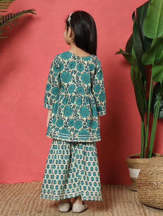 girls turquoise cotton kurta sharara set - 21510521 -  Standard Image - 2