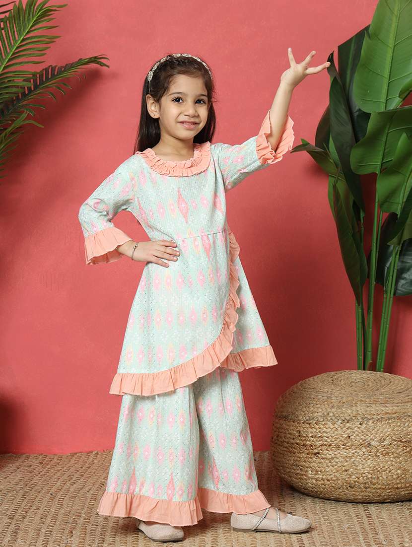 girls sea green cotton kurta sharara set - 21510522 -  Standard Image - 2