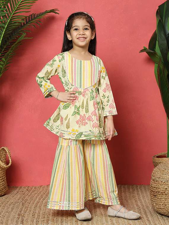 girls cream cotton kurta sharara set