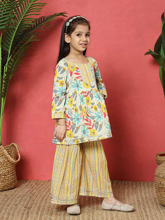 girls off white cotton kurta sharara set - 21510524 -  Standard Image - 2