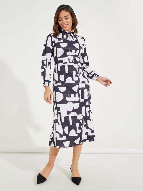 women printed puff sleeve belted dress - 21510657 - Standard Image - 0