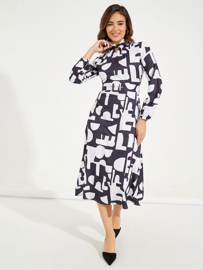 women printed puff sleeve belted dress - 21510657 - Standard Image - 2