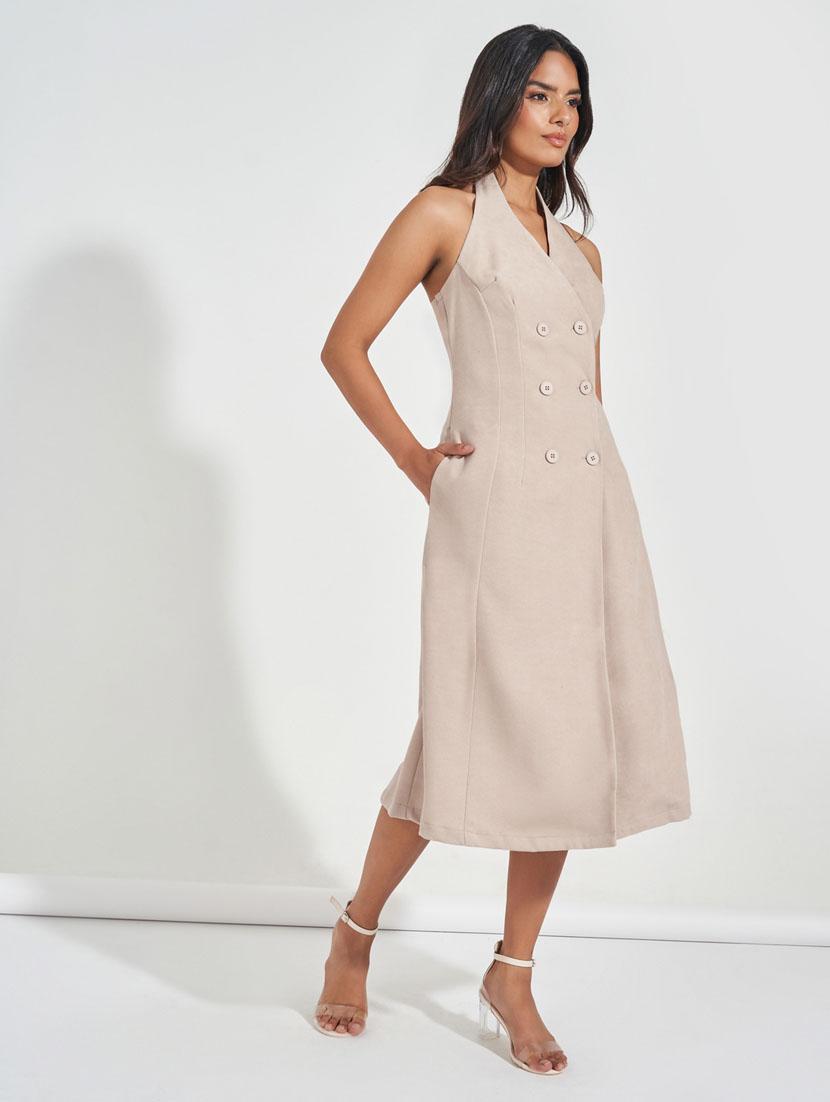 women solid halter neck sleeveless coatdress - 21510688 - Standard Image - 2
