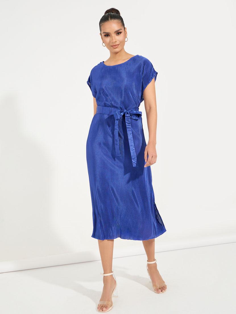 women solid short sleeve a-line midi dress - 21510689 - Standard Image - 2