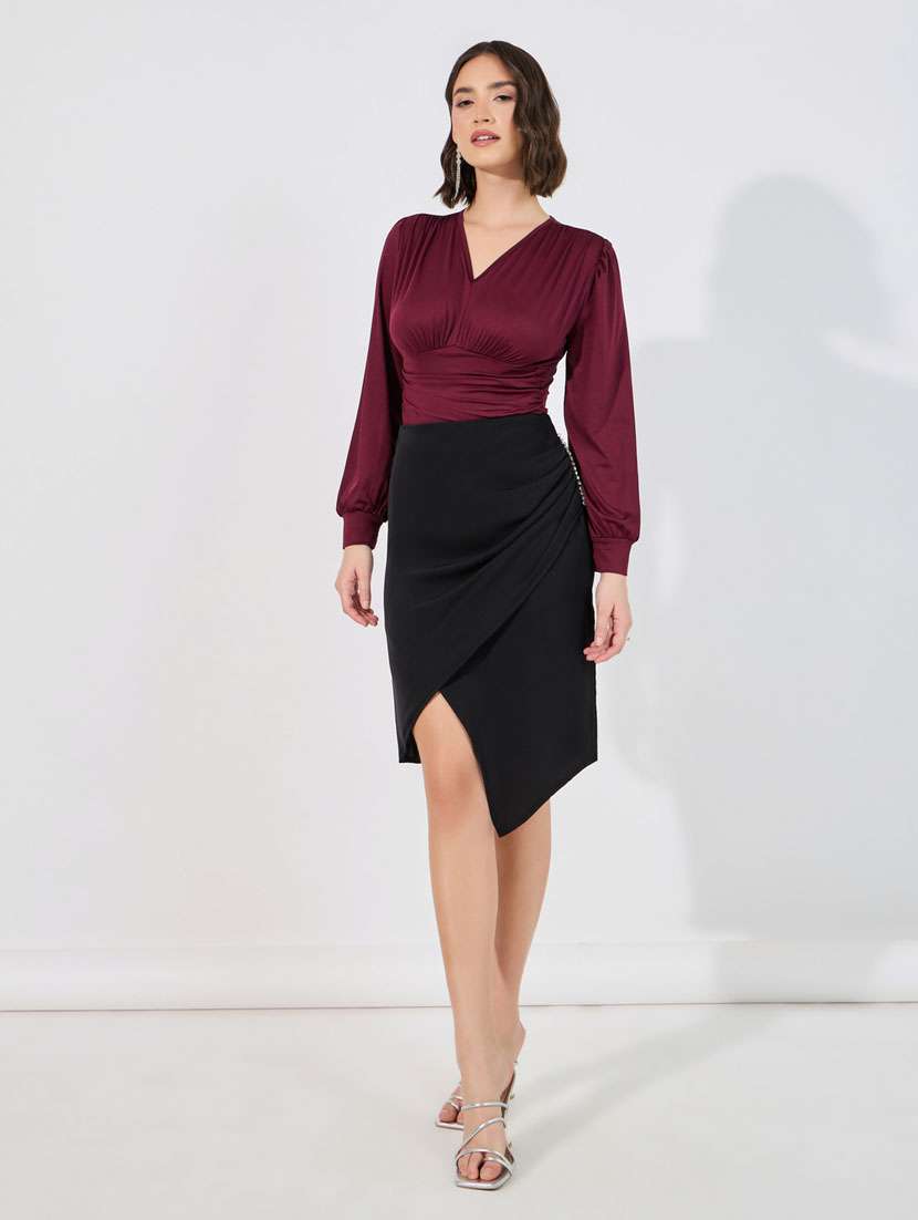 women black solid high rise asymmetric skirt - 21510713 -  Standard Image - 2