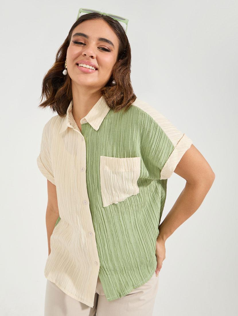 women color blocked collared short sleeev regular shirt - 21510732 -  Zoom Image - 0