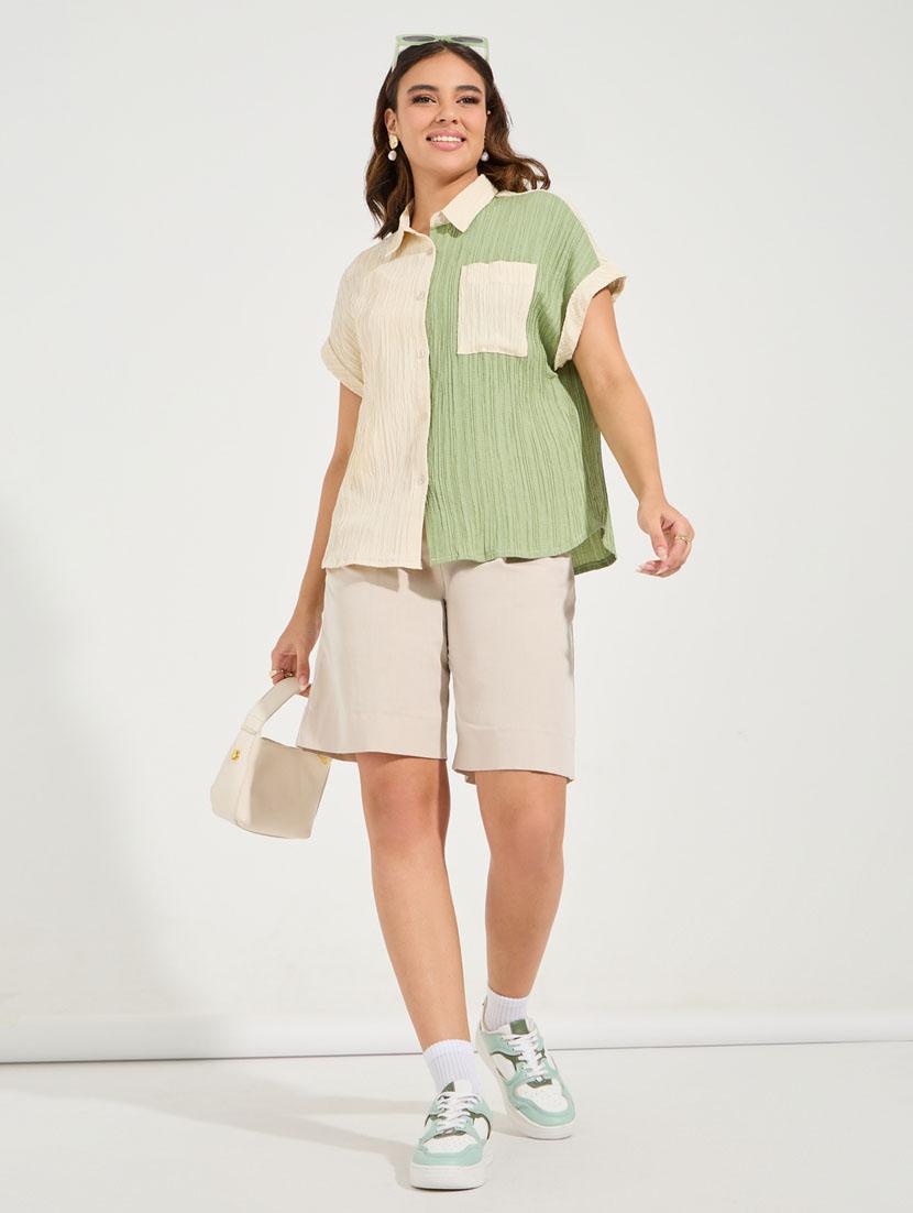 women color blocked collared short sleeev regular shirt - 21510732 - Standard Image - 2