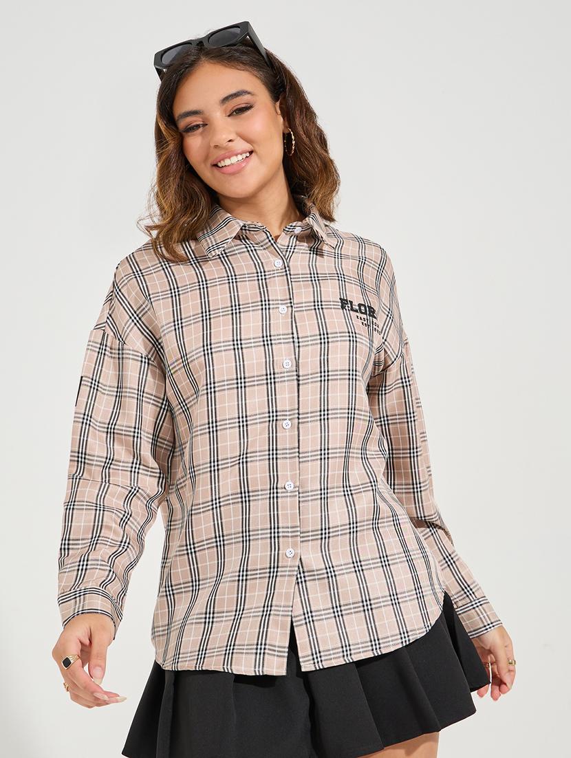 women brown checks oversized shirt - 21510741 -  Zoom Image - 0