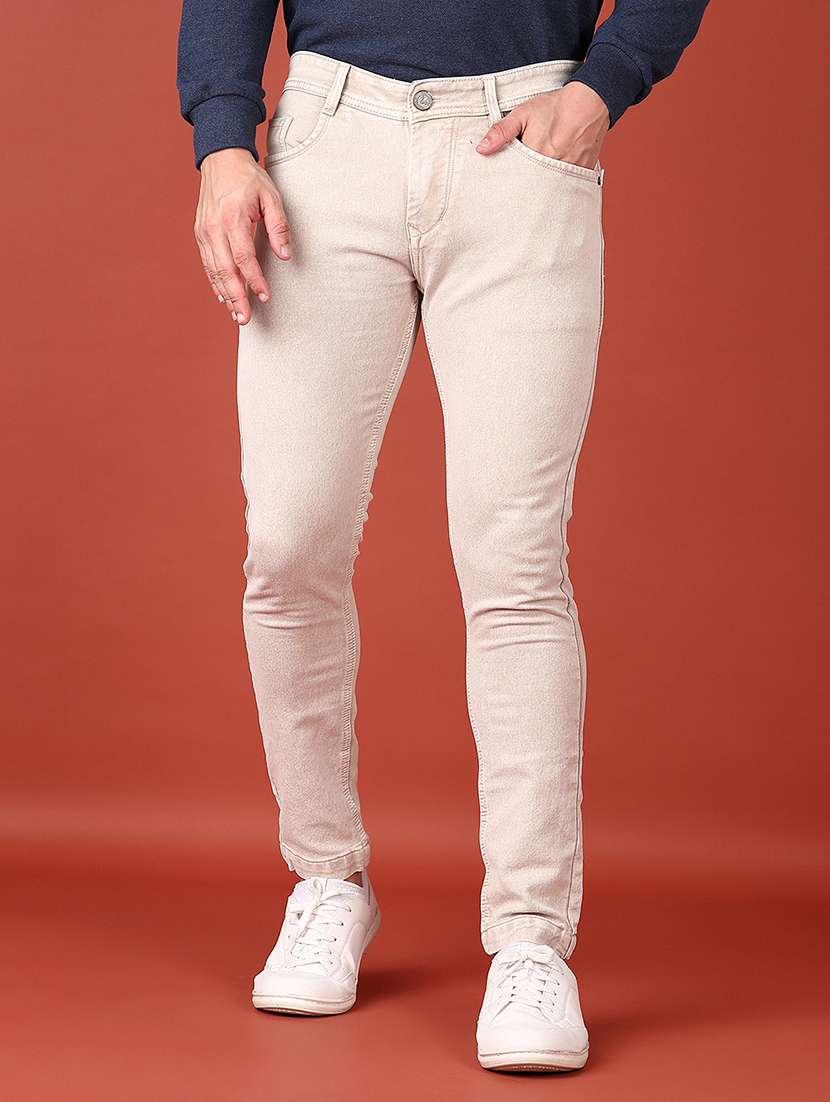 men beige ankle length plain jeans