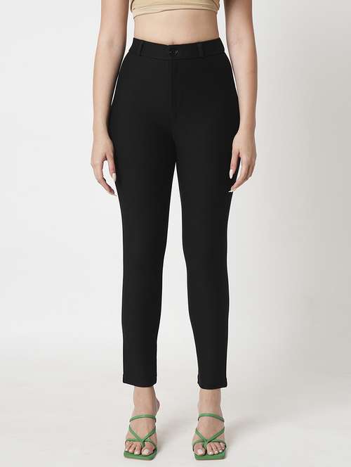 Women's Black High Rise Stretchable Skinny Fit Flat Front Workwear Trousers