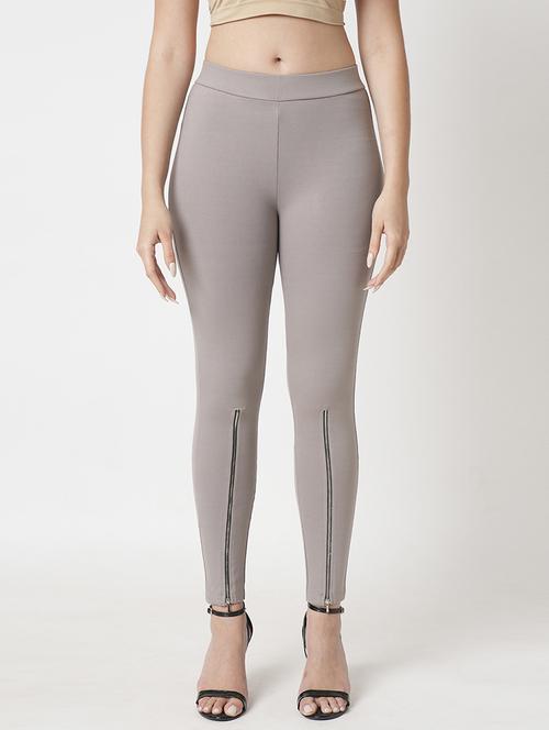 women's grey solid stretchable zipper detail skinny fit workwear treggings - 21511014 - Standard Image - 0