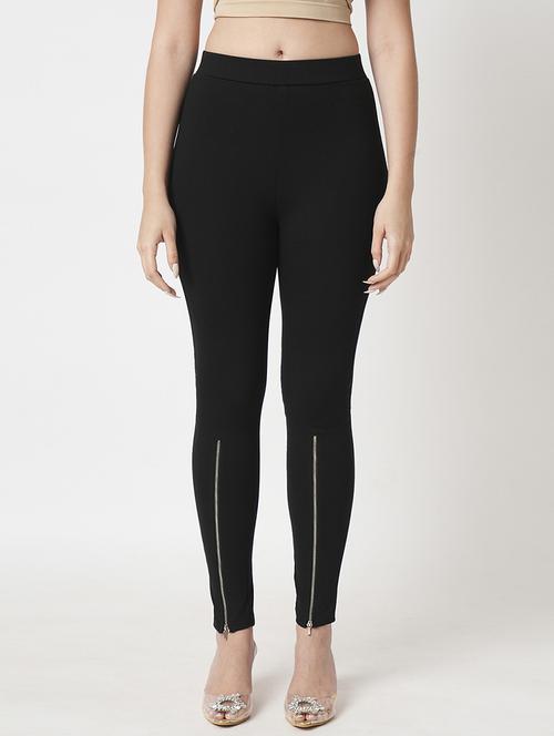 women's black solid stretchable zipper detail skinny fit workwear treggings - 21511015 -  Standard Image - 0
