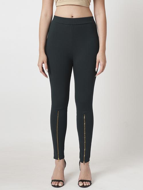 women's dark olive solid stretchable zipper detail skinny fit workwear treggings - 21511016 -  Standard Image - 0