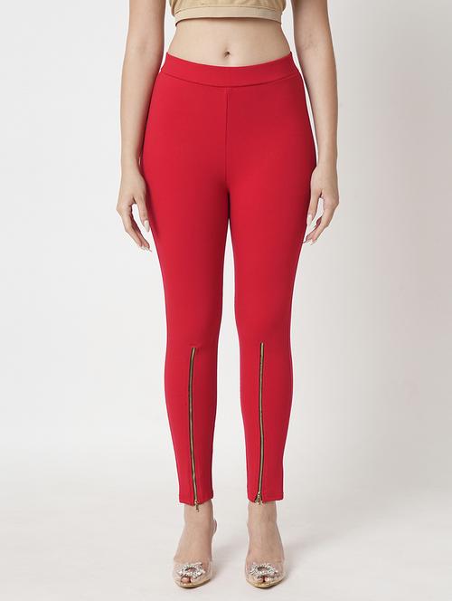 women's red solid stretchable zipper detail skinny fit workwear treggings - 21511017 -  Standard Image - 0