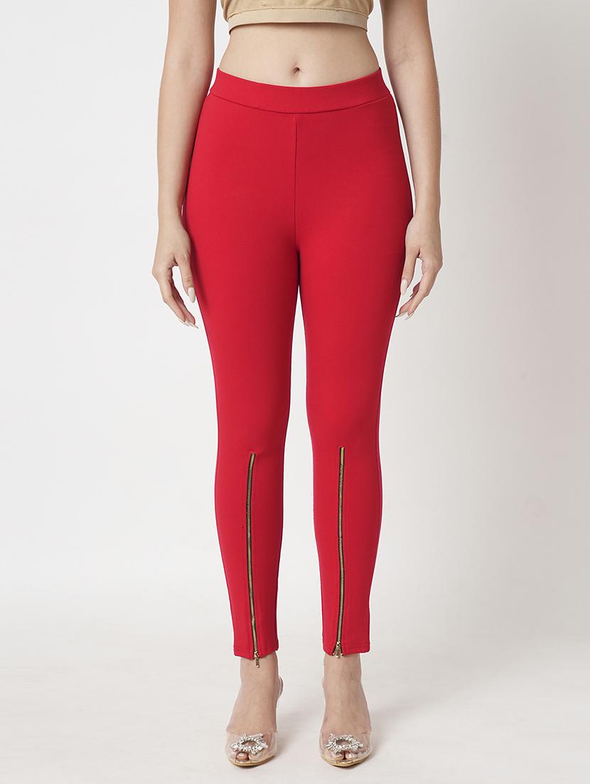 women's red solid stretchable zipper detail skinny fit workwear treggings - 21511017 -  Zoom Image - 0