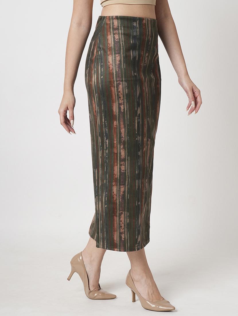 globus women dark olive high rise stretchable hazzy print back slit workwear midi pencil skirt - 21511023 - Standard Image - 2