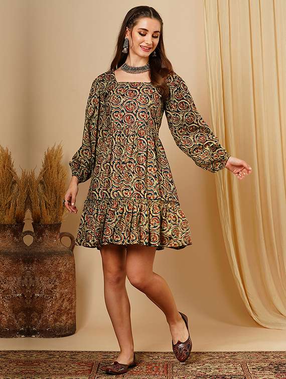 women's blue square neck ethnic motifs bishop sleeves fit & flare a-line fusion dress