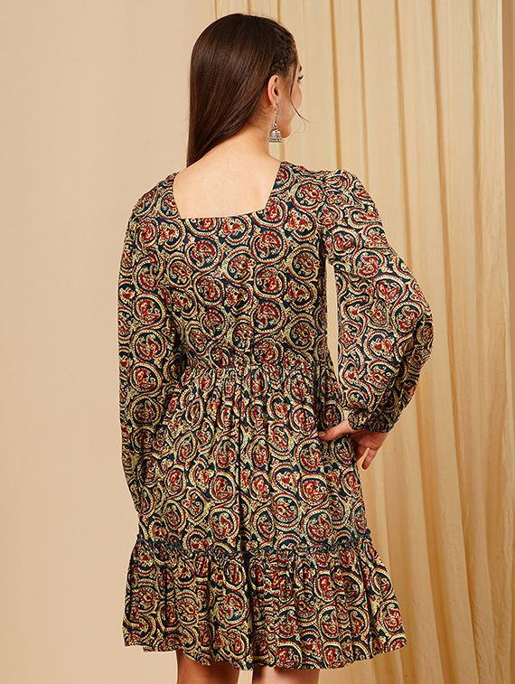 women's blue square neck ethnic motifs bishop sleeves fit & flare a-line fusion dress - 21511028 - Standard Image - 2