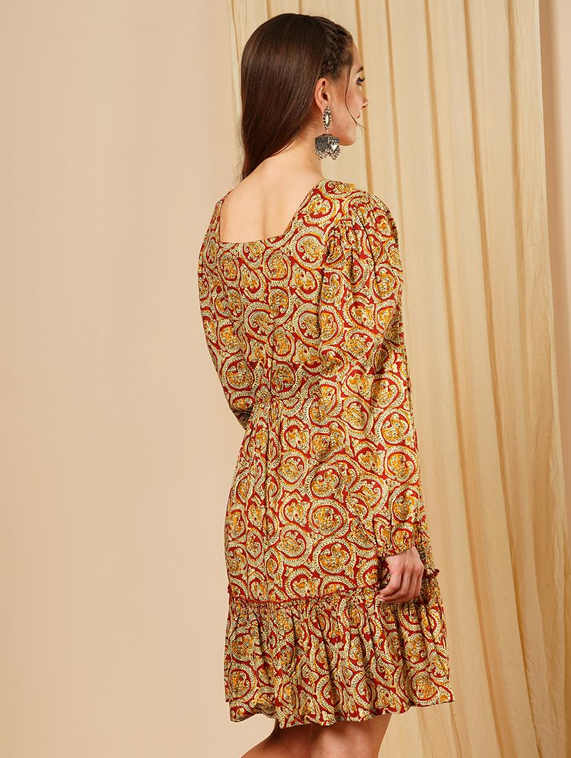 women's maroon square neck ethnic motifs bishop sleeves fit & flare a-line fusion dress - 21511029 - Standard Image - 2
