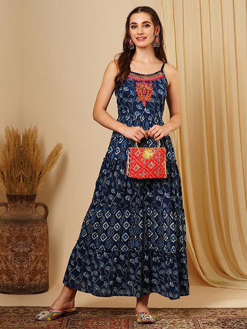 women's blue embroidered yoke adjustable strappy sleeves ethnic motifs a-line maxi fusion wear - 21511030 -  Standard Image - 0