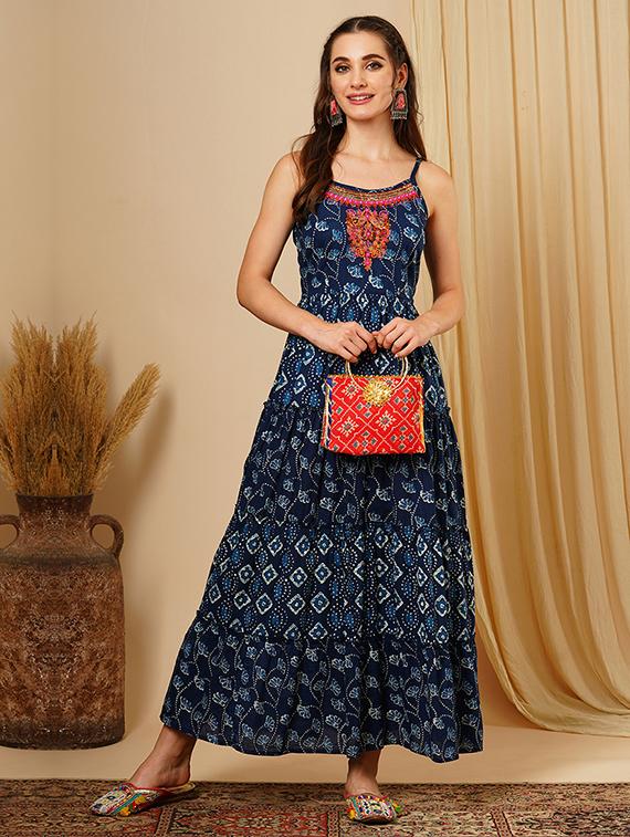 women's blue embroidered yoke adjustable strappy sleeves ethnic motifs a-line maxi fusion wear - 21511030 -  Zoom Image - 0