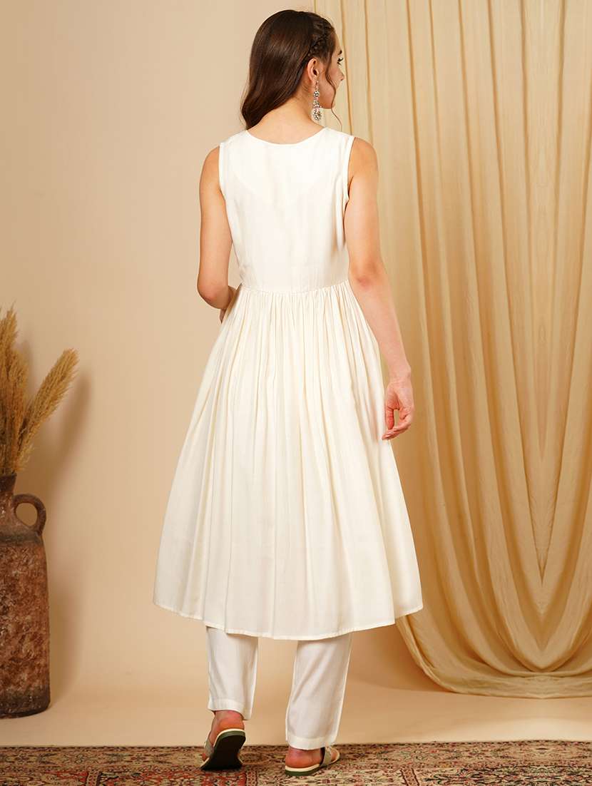 women's white round neck floral embroidered yoke pleated a-line calf length kurta & trouser festive set - 21511031 -  Standard Image - 2