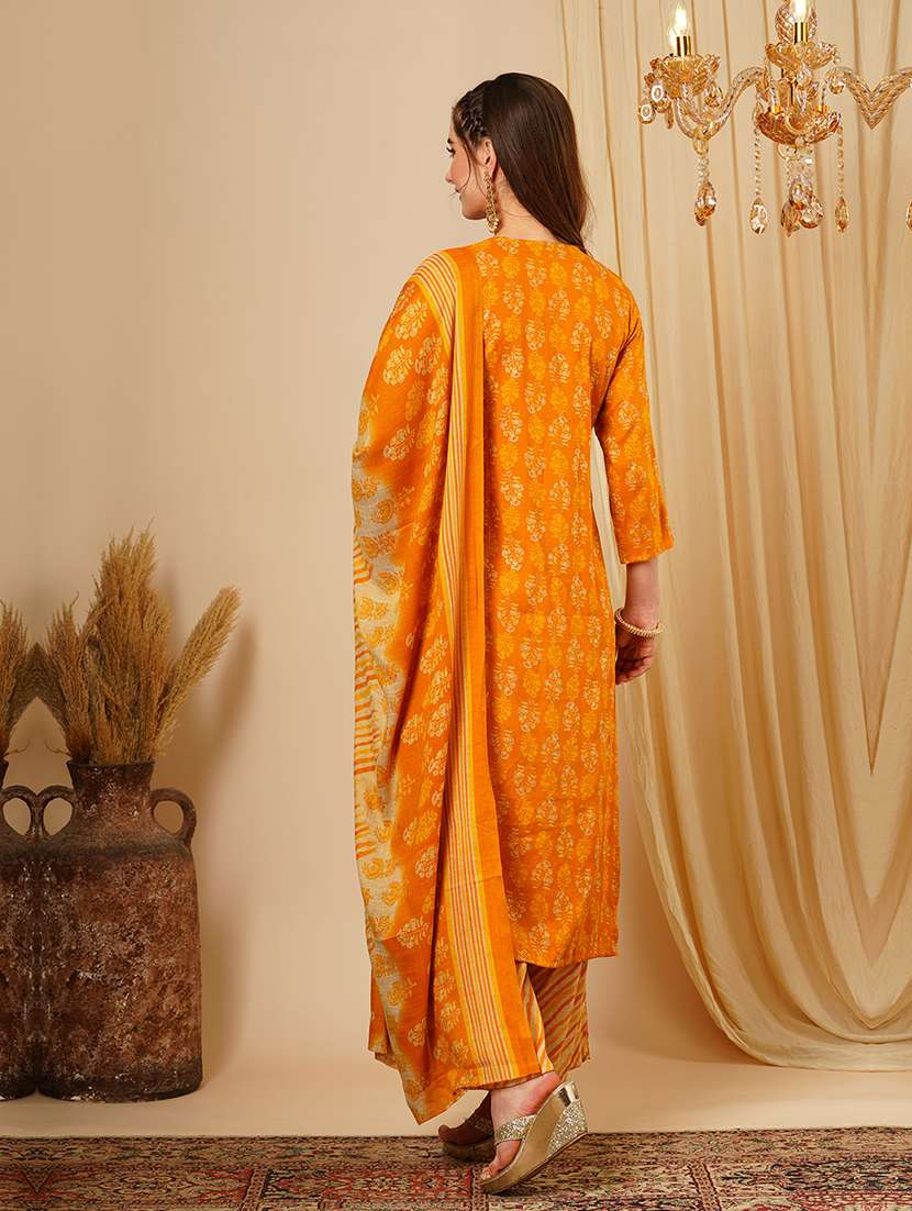 women's mustard allover floral print straight calf length kurta with leheriya print palazzos & printed dupatta workwear set - 21511034 - Standard Image - 2