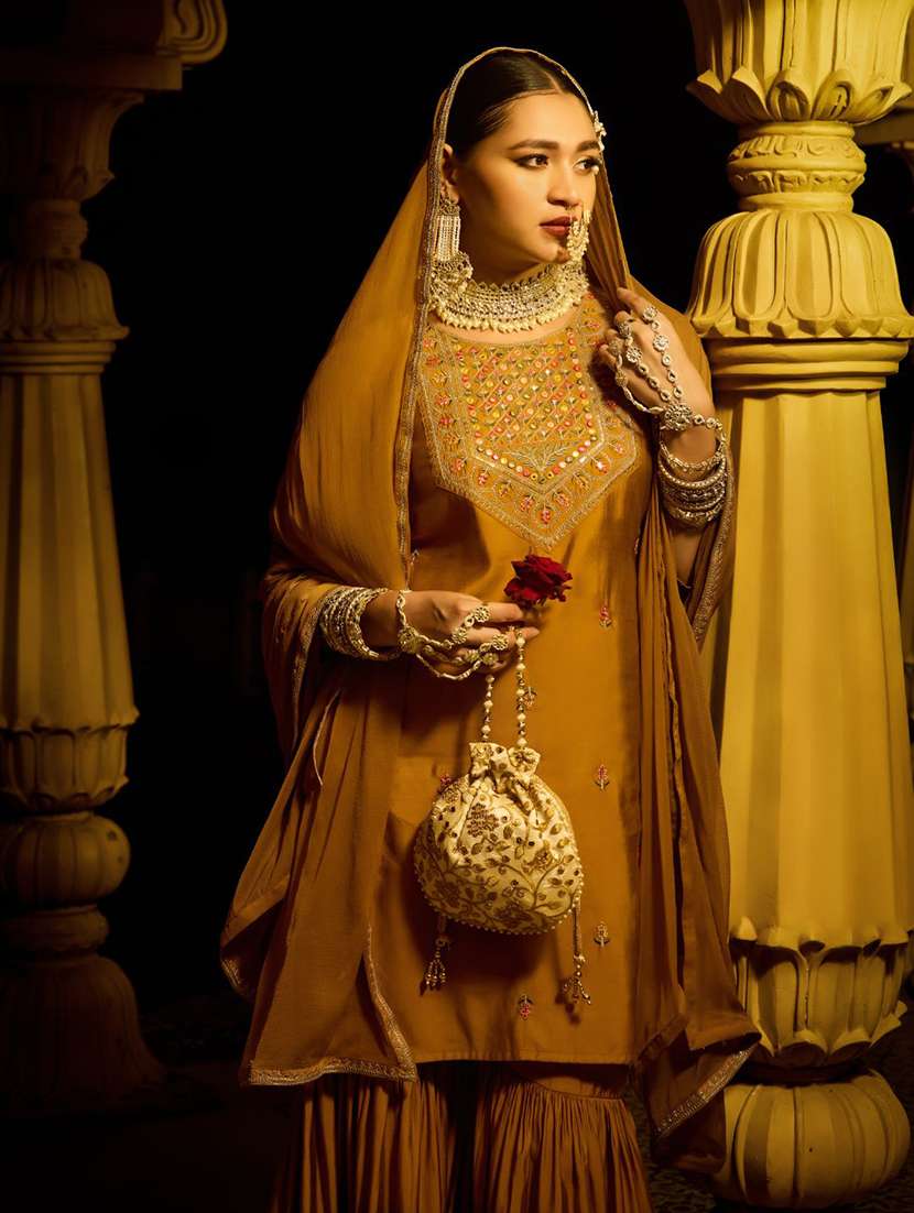 globus women mustard round neck sequinned embroidered yoke straight kurta with gharara & lace dupatta festive set