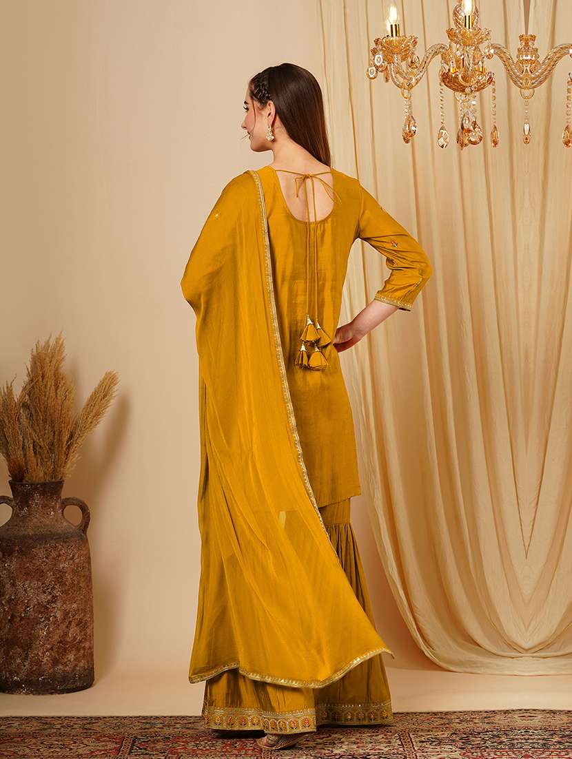 globus women mustard round neck sequinned embroidered yoke straight kurta with gharara & lace dupatta festive set - 21511037 -  Standard Image - 2